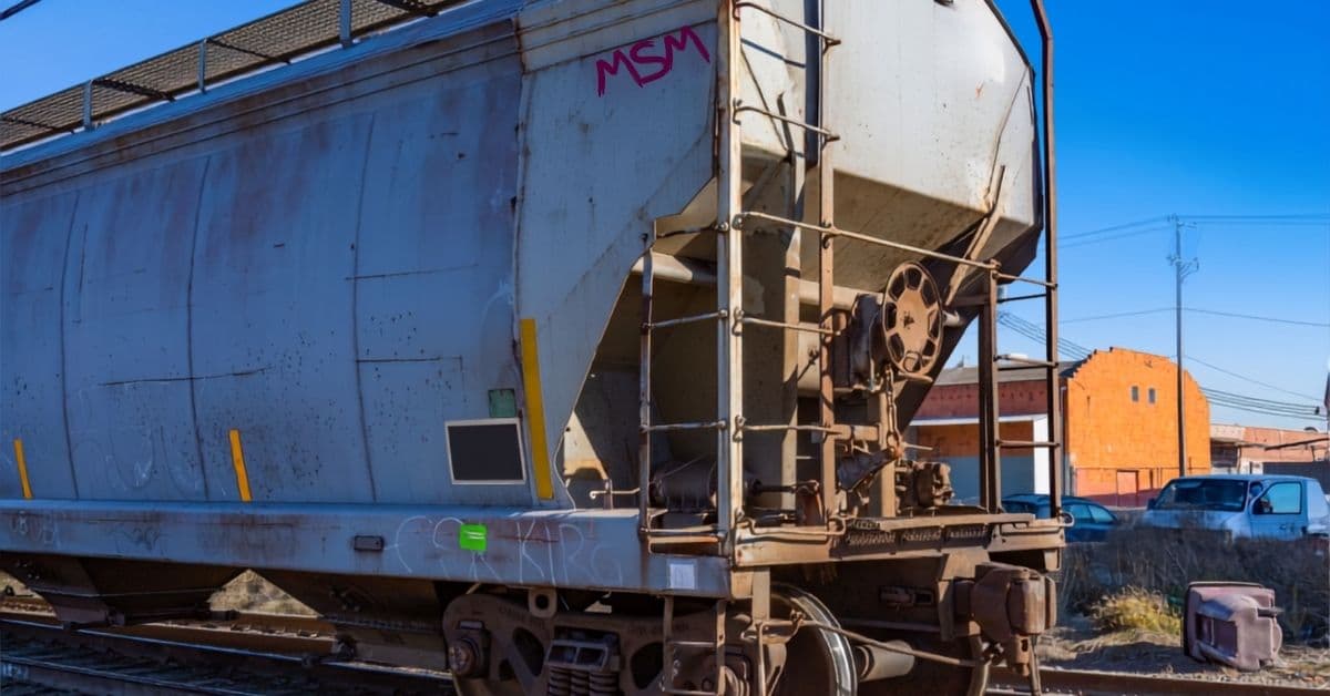 Covered hopper railcar on the track at a repair yard